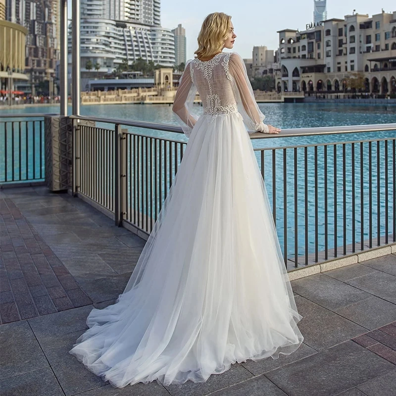 Fashion A-line Lantern Long Sleeve Wedding Dresses Lace Applique Boho Illusion Back Noivas Sposa Suknia Robe De Mariee