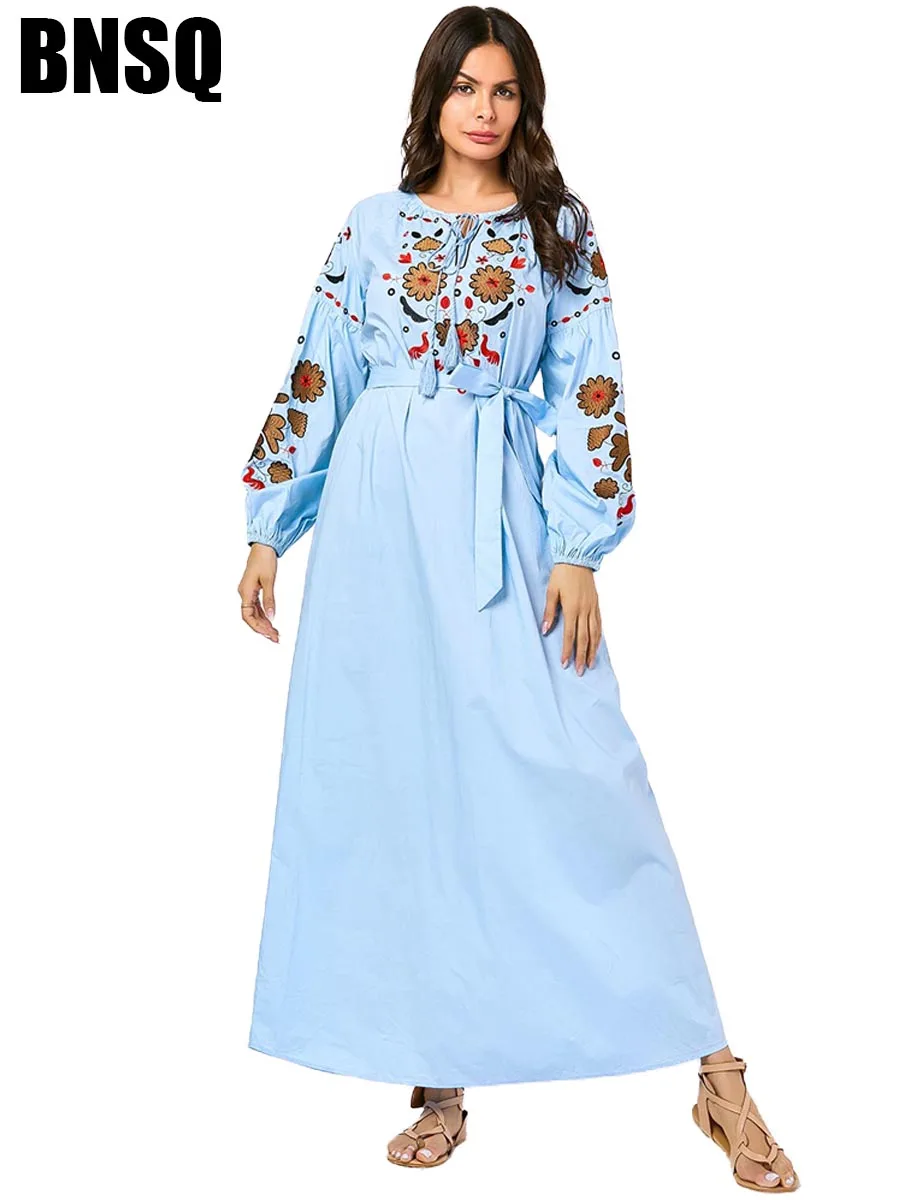 BNSQ модное Цветочный вышитый кружевной Макси платье арабский пакистанский сальвар камиз мусульманская одежда Турция Кафтан Оман абайя - Цвет: 9066 blue