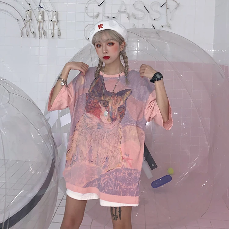 Корейские женские рубашки, Kawaii футболки с принтом, круглый вырез, универсальные футболки для студентов, осенняя одежда Harajuku, большие размеры, Повседневная футболка - Цвет: YX 438 fen