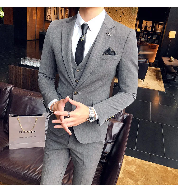 New Men's British Style Gentleman Suit Three-piece Groom With The Scorpion Host Stripe Korean Version Of The Suit
