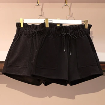 

Autumn Winter Woolen Warm Shorts Women Casual Big Pockets Plus Size Shorts 4XL Office Lady Fashion Loose Elastic Waist Shorts