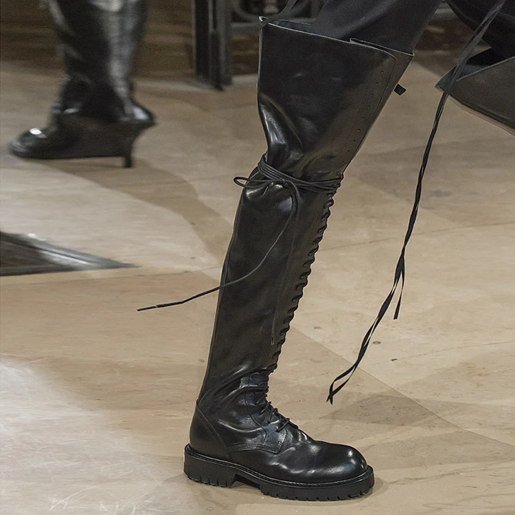 Winter Runway Cow Leather Bandage Thigh Boots Martin Boots Low Heels