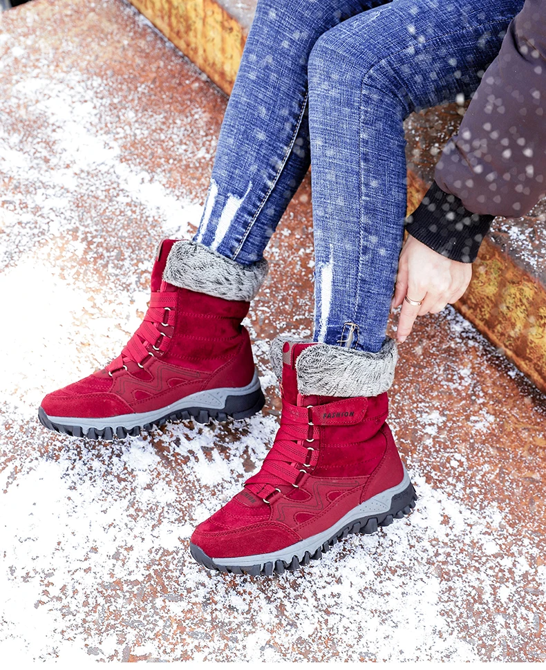 Женские зимние ботинки с высоким берцем; зимние ботинки с толстым плюшем; кроссовки; Женская износостойкая Уличная обувь для бега; очень теплая обувь на меху