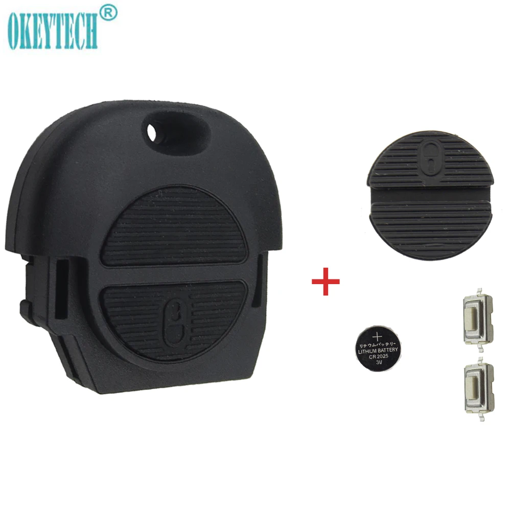 OkeyTech-carcasa de llave a distancia de coche, 2 botones, para Nissan Micra Almera Primera x-trail, con 2 interruptores, batería CR2025 y almohadilla de funda