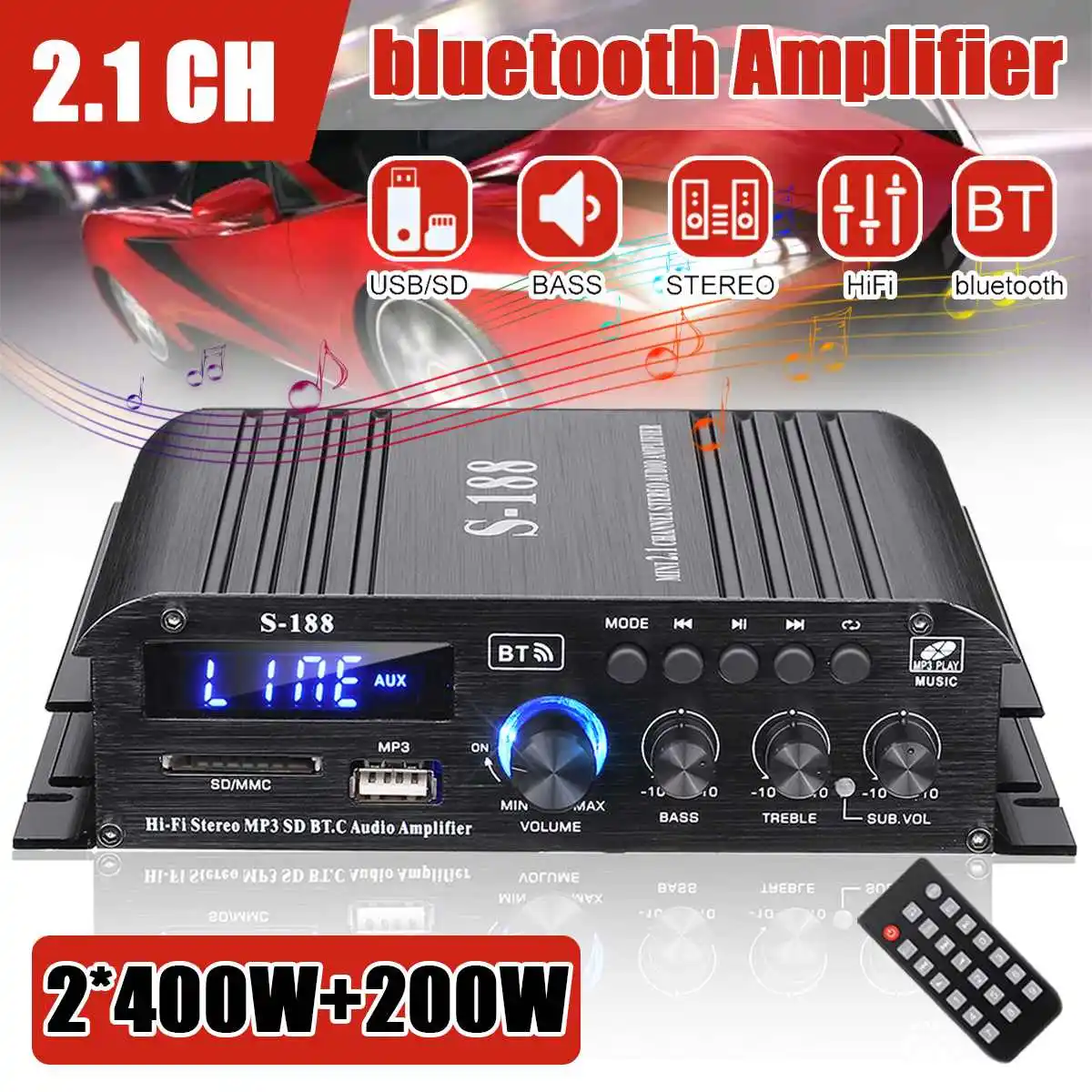 S188 2*400W+200W bluetooth HiFi Power Amplifiers Stereo Home Car Audio 12V Digital Sound Amplifier BASS Music Player AUX USB/SD