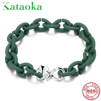 

Women's Pink Sea Green Hard Rubber Bracelet Silver Beads Charm Chain Bracelet for Women Jewelry