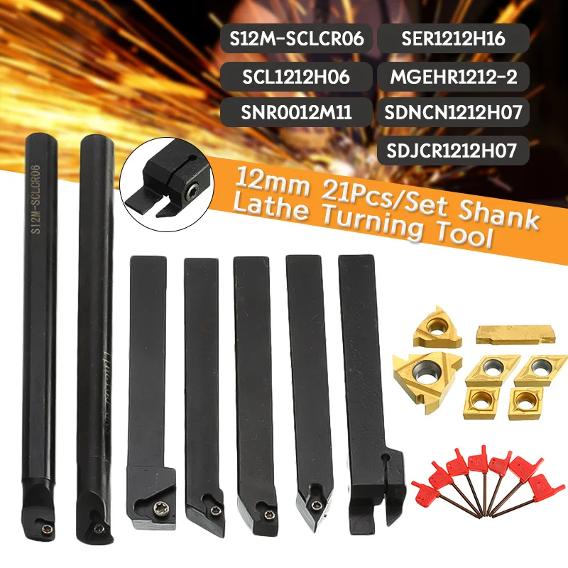 

12mm 21Pcs/Set Shank Lathe Turning Tool Holder Boring Bar +Insert+Wrench S12M-SCLCR06/SER1212H16/SCL1212H06