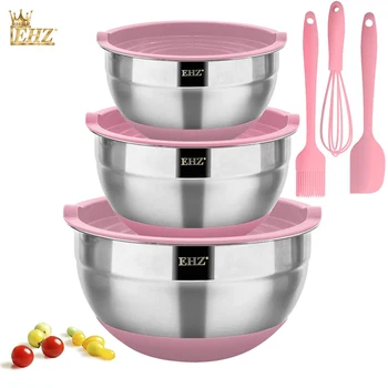 

EHZ Salad Bowl Set Mixing Bowl Non-Slip Silicone Bottom Food Grade Stainless Steel Multifunctional Sealed Fresh Bowl Household