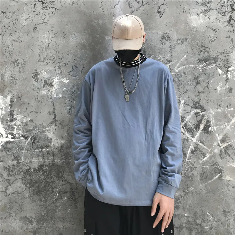 long sleeve t shirt men Solid minimalist All-match camiseta hombre Chambray Round neck streetwear Loose Fitted Oversized Vogue