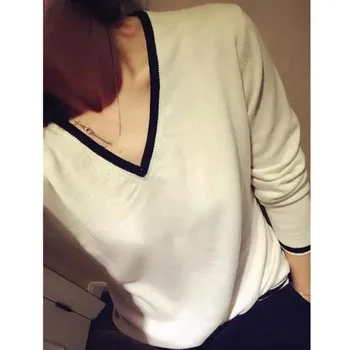 

Women Autumn Fashion Soild Color V-Neck Knit Pullover Patchwork Fashion Long Sleve Soft Short Sweater