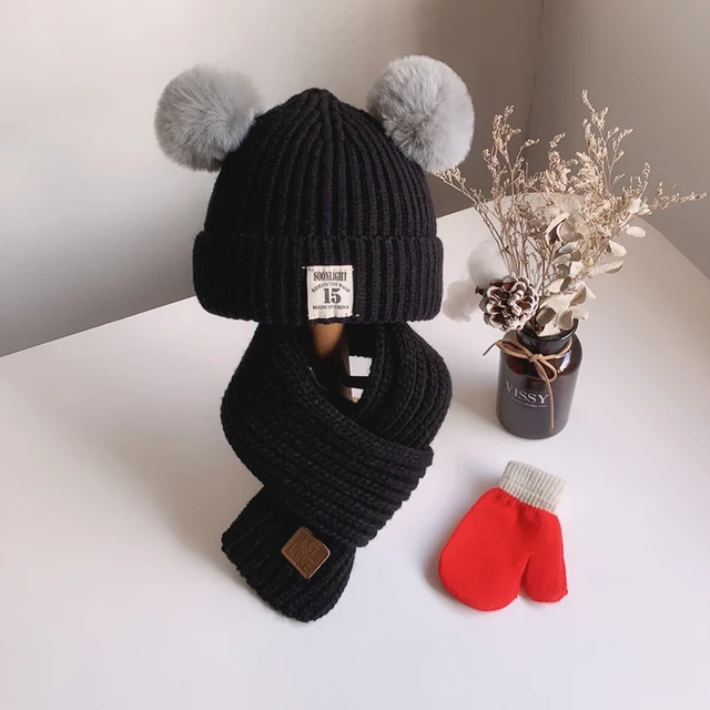 Autumn winter children's hat scarf set of two Cute boys and girls with  thick fluffy hats Baby cute knitting wool jumper cap - AliExpress