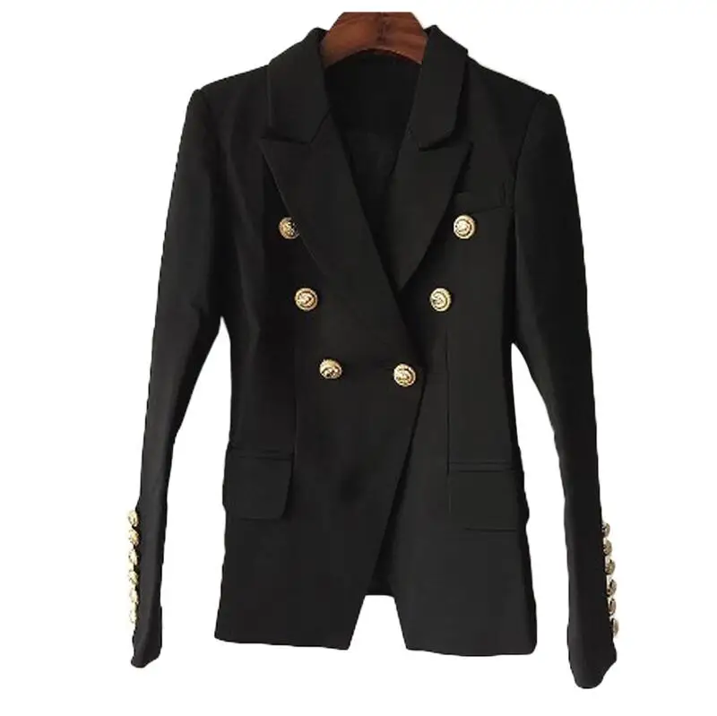Высокое качество, новая мода, дизайнерский пиджак, женский двубортный пиджак с металлическими кнопками в форме льва, размер S-XXXL - Цвет: Black