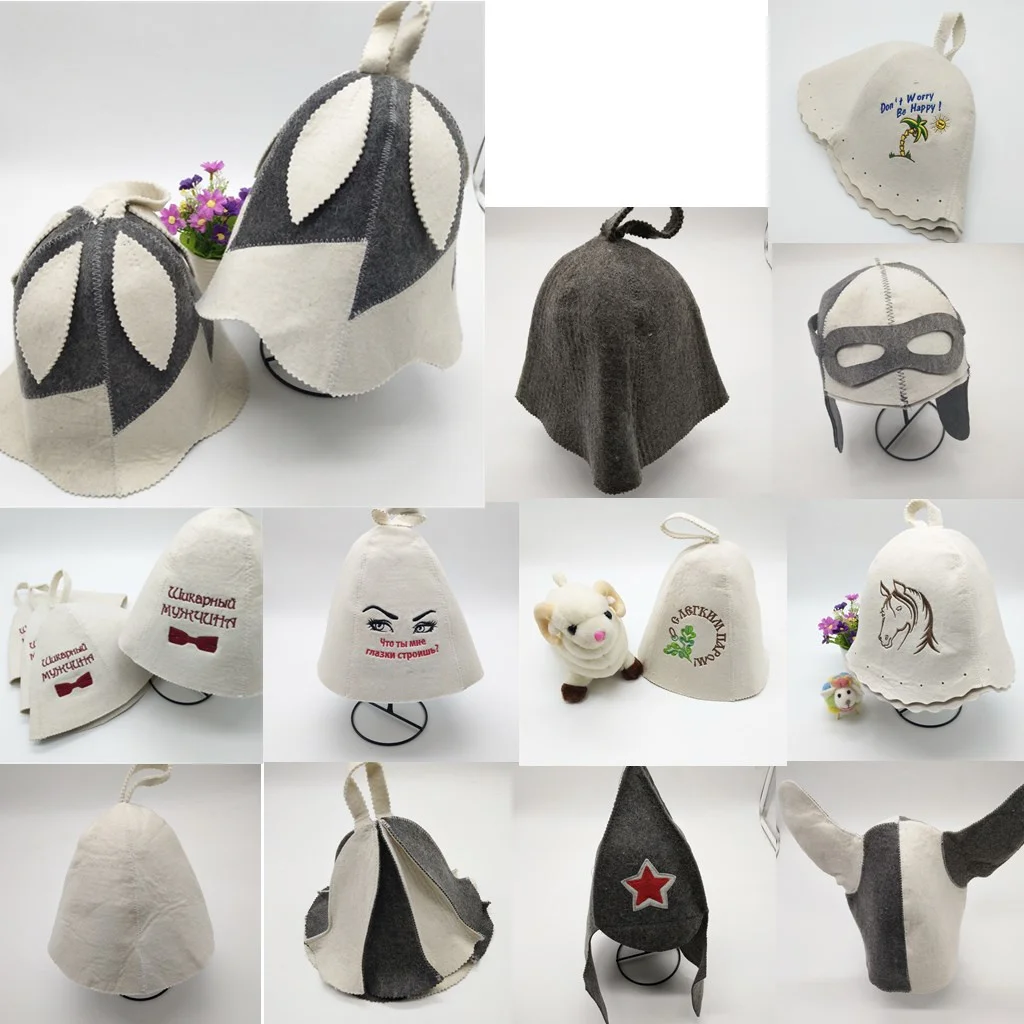 100% Natural Wool Felt Sauna Hat Russian Banya Cap Bath House Hat Head Protection Embroidered Leaves Pattern for Shower Unisex 2
