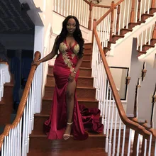 Темно-красные платья русалки для выпускного вечера для девочек, вечерние платья с золотой аппликацией и разрезом, v-образный вырез, открытая спина, выпускное платье, Vestidos