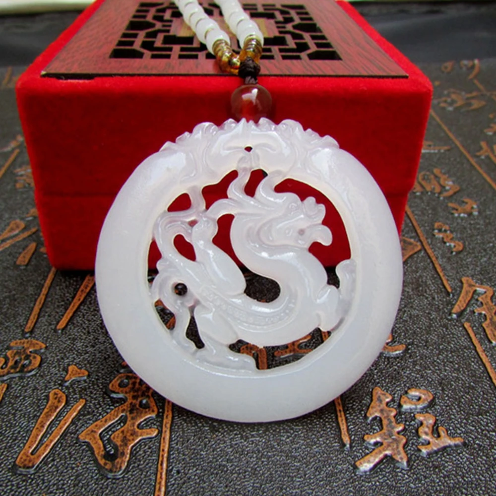 Натуральный белый нефрит ручной резной китайский дракон феникс амулет счастливое ожерелье со свисающими бусинами цепь сертификат ювелирные изделия