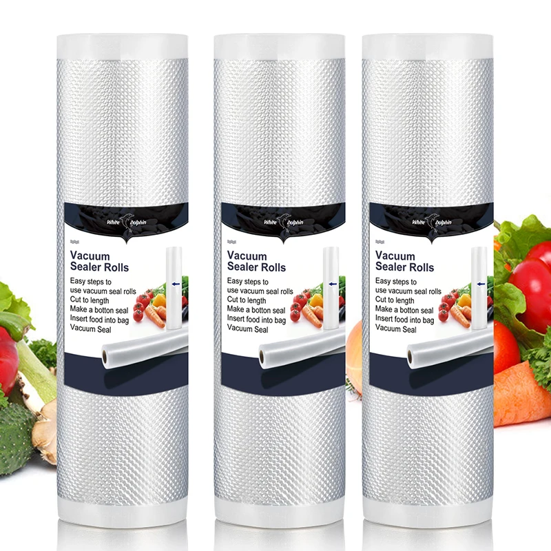Bolsa de almacenamiento de bolsas de vacío, 3 rollos, sellador al vacío de comida, bolsas de 15, 20, 25cm x 500cm para máquina de envasado al vacío