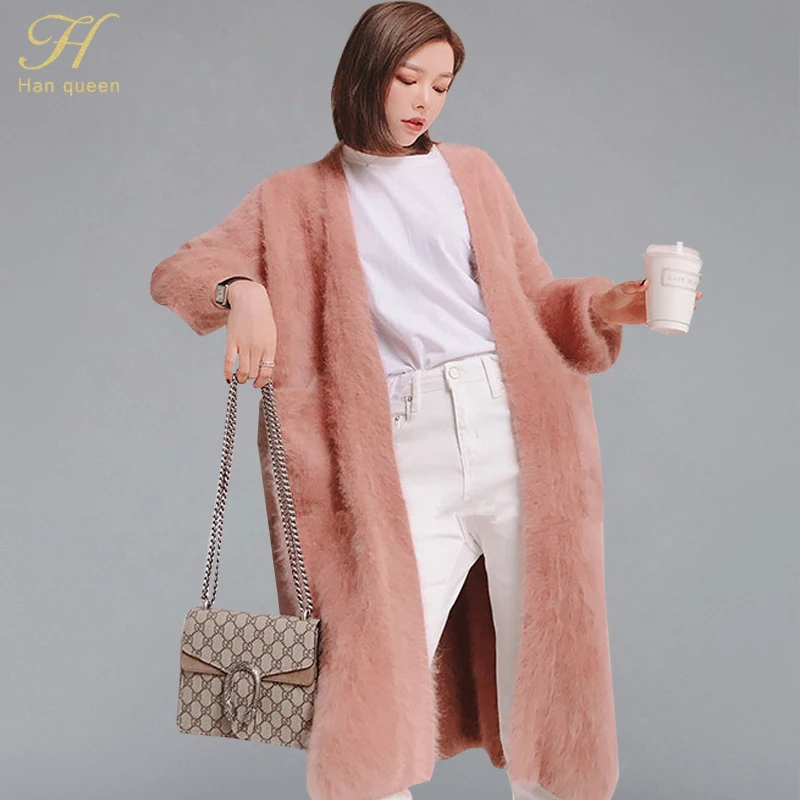 

H Han Queen Autumn Winter Thick Mink Cashmere Cardigans Sweater Women 2019 New Solid Color Outwear Long Cardigan Knitted Sweater