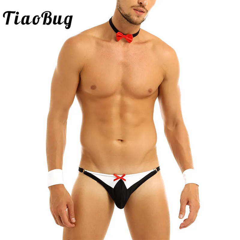 

TiaoBug Men Underwear Red Bow Tie Tuxedo Thong G-string with Collar Bracelets Butler Waiter Gay Lingerie Set Male Sexy Costumes