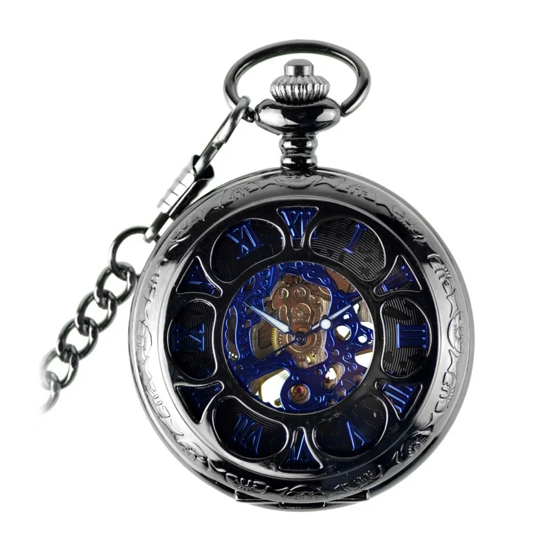 

1Pcs Pocket Watch Black Petal Shape Blue Surface Mechanical Retro Flip Cover Hollow Unisex Male Female Quality Quartz Fashion