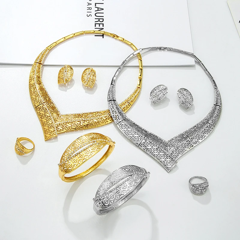 Dubai Jewelry Sets Gold Silver Necklace Earring Bangle Rings Set For Women African France Wedding Party Bridal Gift | Украшения и
