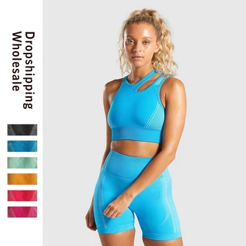 

Summer Seamless Gym Set Women Two 2 Piece Blue Orange Crop top Sport Bra Tank Shorts Sportsuit Workout Outfit Fitness Gym Sets