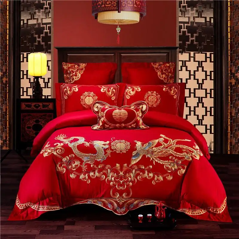 Luxury 100 Cotton Traditional Chinese Wedding Bedding Set Embroidery