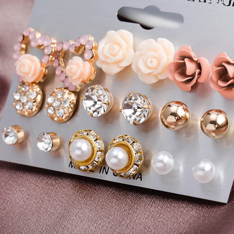 

12/ 9 Pairs/Set Pearl Flower Crystal Studs Earrings Women' Girls Elegant Rose Flower Heart Ear Studs Earring Jewelry Gift