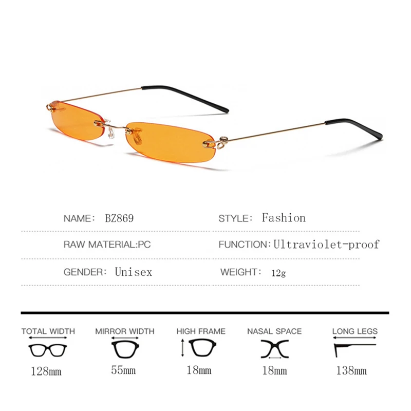 Маленький апельсин прямоугольные без ободка солнцезащитные очки унисекс дизайнерские крошечные узкие бескаркасные оттенок солнцезащитные очки оттенки