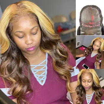 

Wavy PU Silke Base Wig 4*4 Silk Top Lace Closure Brazilian Remy Bleached Knots Ombre Highlight Human Hair Wigs Glueless