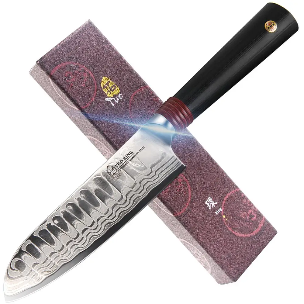 

TUO Cutlery Santoku Knife - Japanese AUS-10D Damascus Dragon Pattern -Hollow Ground Kitchen Knife -Ergonomic G10 Handle - 5.5''