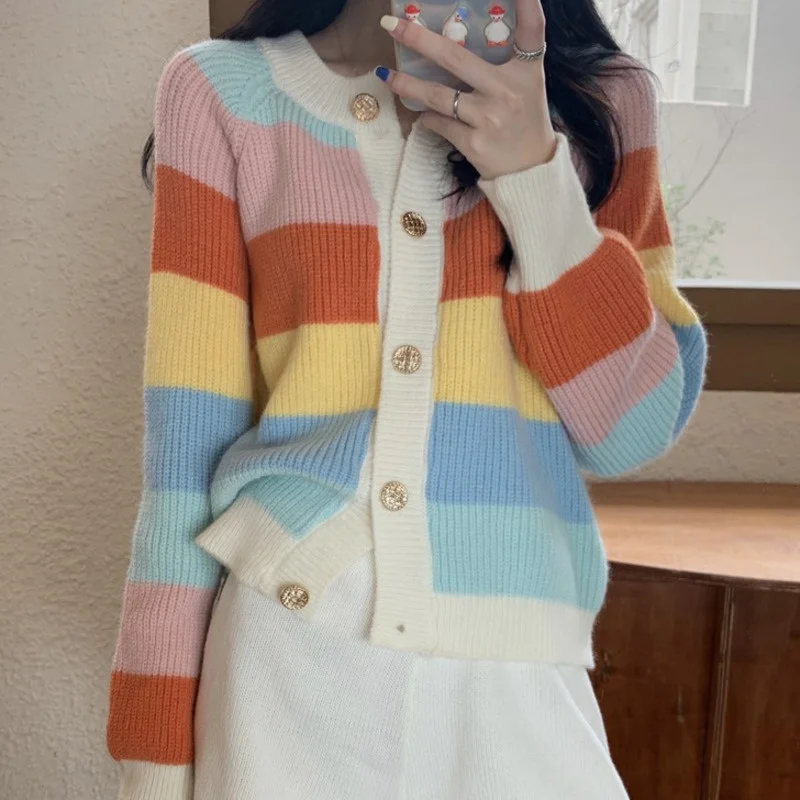 Lazy Style Sweater Women's Autumn and Winter New Wear Rainbow Stripe Long Sleeve Knitted Cardigan Coat |