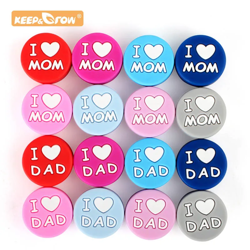 Silicone Bbay Chewing Teetheing I Love Mom/Dad Beads 10pcs DIY Pacifier Clips Food Grade Teether Bead Nurse Toys Necklace Making