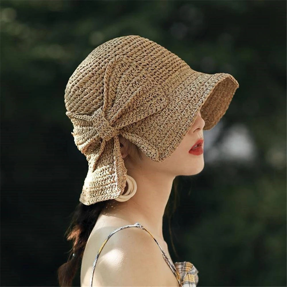 Fashion Straw Bow Sun Hat Wide Brim Floppy Summer Visor Hats For Women Beach Casual Dome Bucket Femme Shade | Аксессуары для