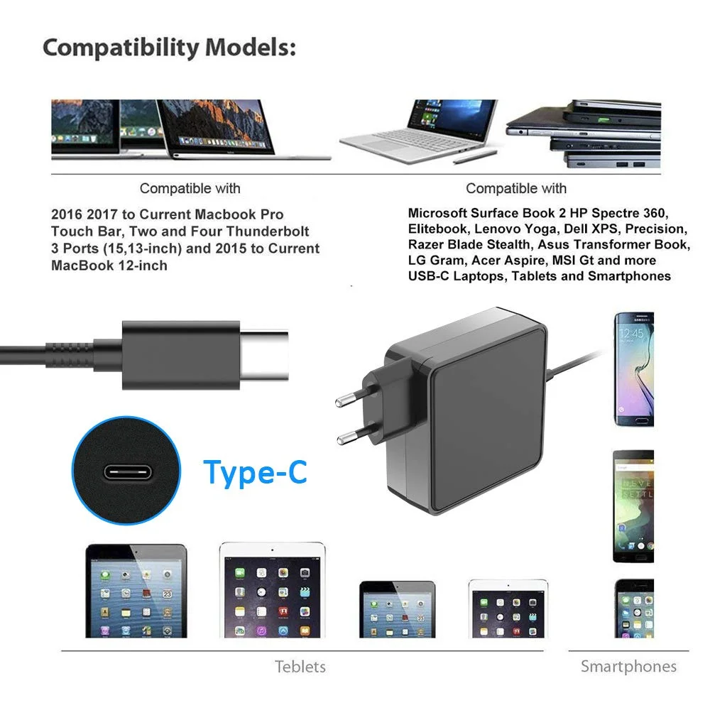 65 Вт 20 в 3.25A type-C быстрое зарядное устройство USB C PD адаптер для питания ноутбука Для huawei Matebook Macbook Pro 12 13 Xiaomi Air hp DELL XPS