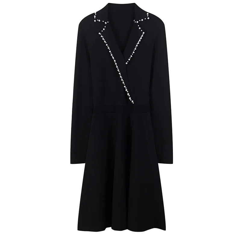 Женское платье с жемчужным бисером, вязаное, Vestido, элегантное, облегающее, роковой, тонкий, длинный рукав, пуловеры, для офиса, леди, Осень-зима