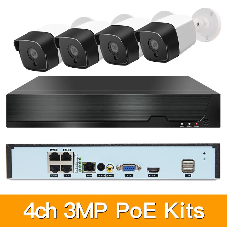 4ch 3MP POE комплекты H.265 система видеонаблюдения PoE NVR наружная Водонепроницаемая ip-камера наблюдения сигнализация видео P2P 1080P 2MP комплекты