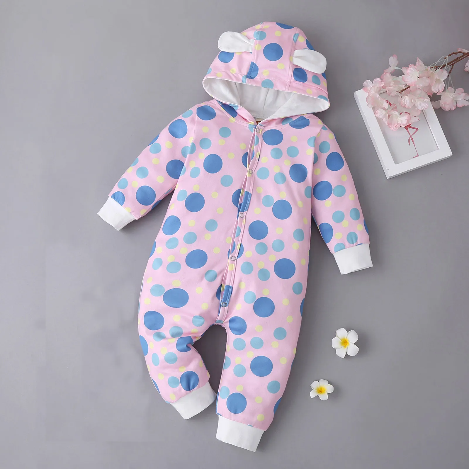 

0-18Months Newborn Infant Baby Boys Girls Polka Dot Hooded Thick Romper Outwear Jumpsuit Colorful cartoon Bear ears Romper M5