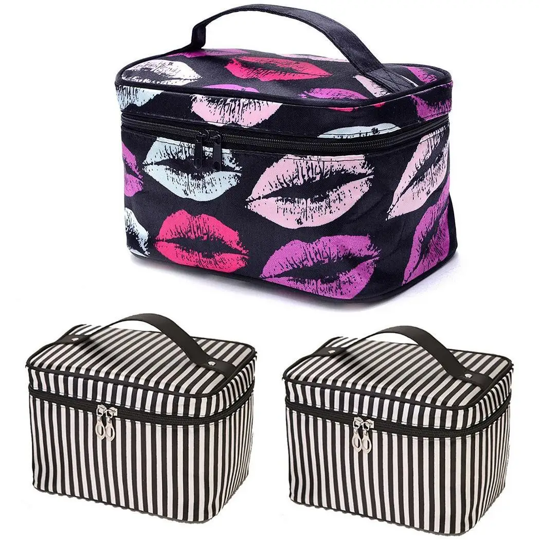 Women Fashion Lips Stripes Large Capacity Zipper Lips, Black White/Purple Black Makeup Storage Bag