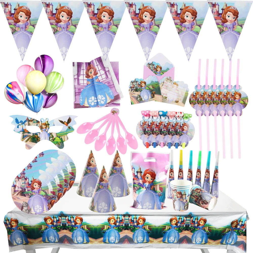 

Sofia Princess Girls Birthday Party Baby Shower Cute Cartoon Paper Cup Plates Napkin Straws Tablecloth Disposable Tableware