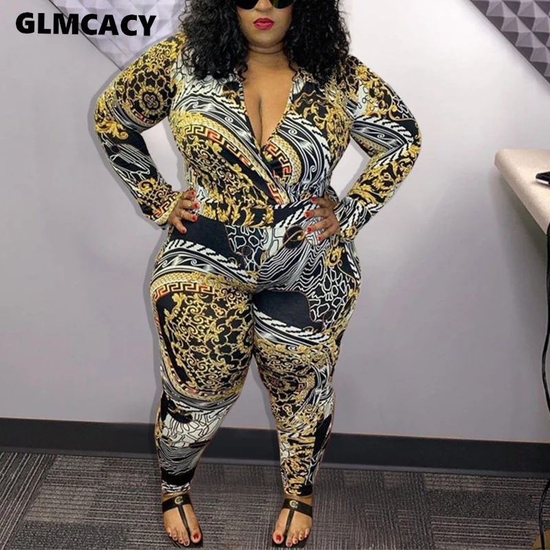 Women Vintage Print Long Sleeve Bandage Jumpsuit Sexy Plunge V Neck Autumn Night Club Overalls Outfits - Цвет: Многоцветный