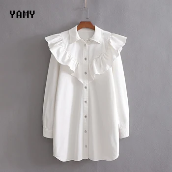 

New Womens Denim Mini Shirt Dress long sleeve ruffle trim zoravicky Winter short Dress stylish zora white Jeans Dress Vestidos