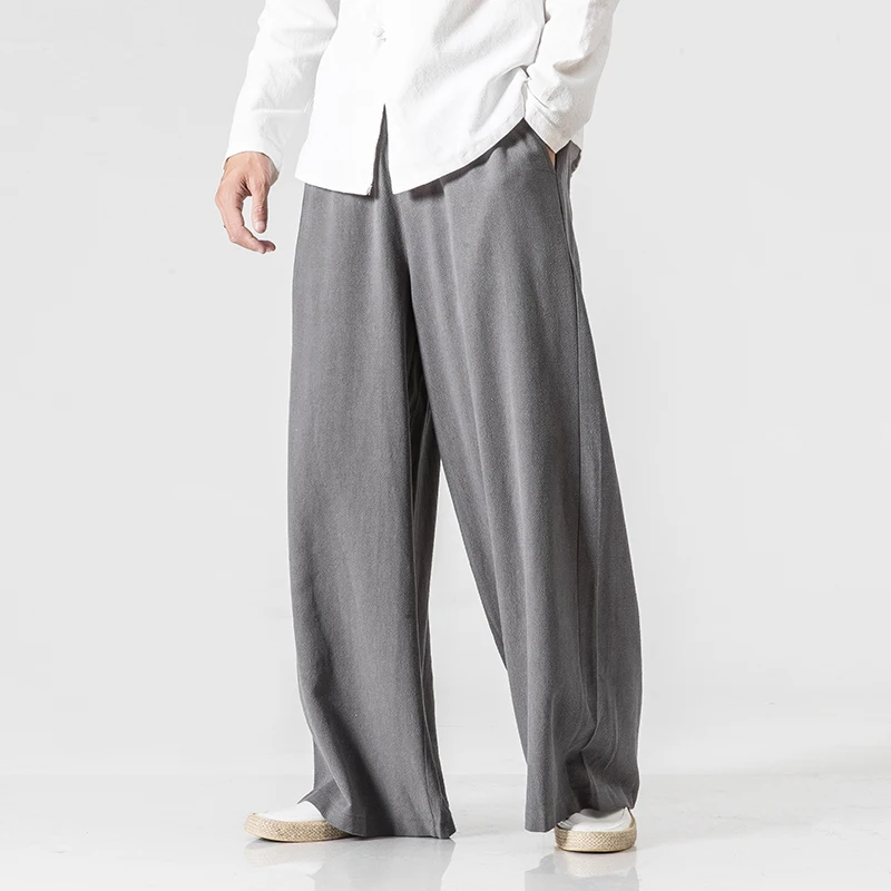 2023 Mens Cotton Linen Wide Leg Pants Summer Men Casual Solid Elastic Waist Straight Loose Trousers Male Black Track Pants M-5Xl 4
