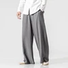 2023 Mens Cotton Linen Wide Leg Pants Summer Men Casual Solid Elastic Waist Straight Loose Trousers Male Black Track Pants M-5Xl 4