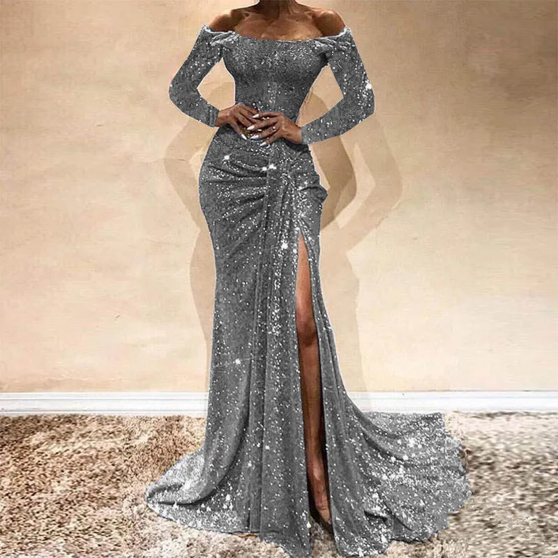 Платье S-2XL, большой размер,, сексуальное, с открытыми плечами, с длинным рукавом, с блестками, в пол, вечерние, макси, светоотражающее платье, Vestdios - Цвет: Silver Long Sleeve