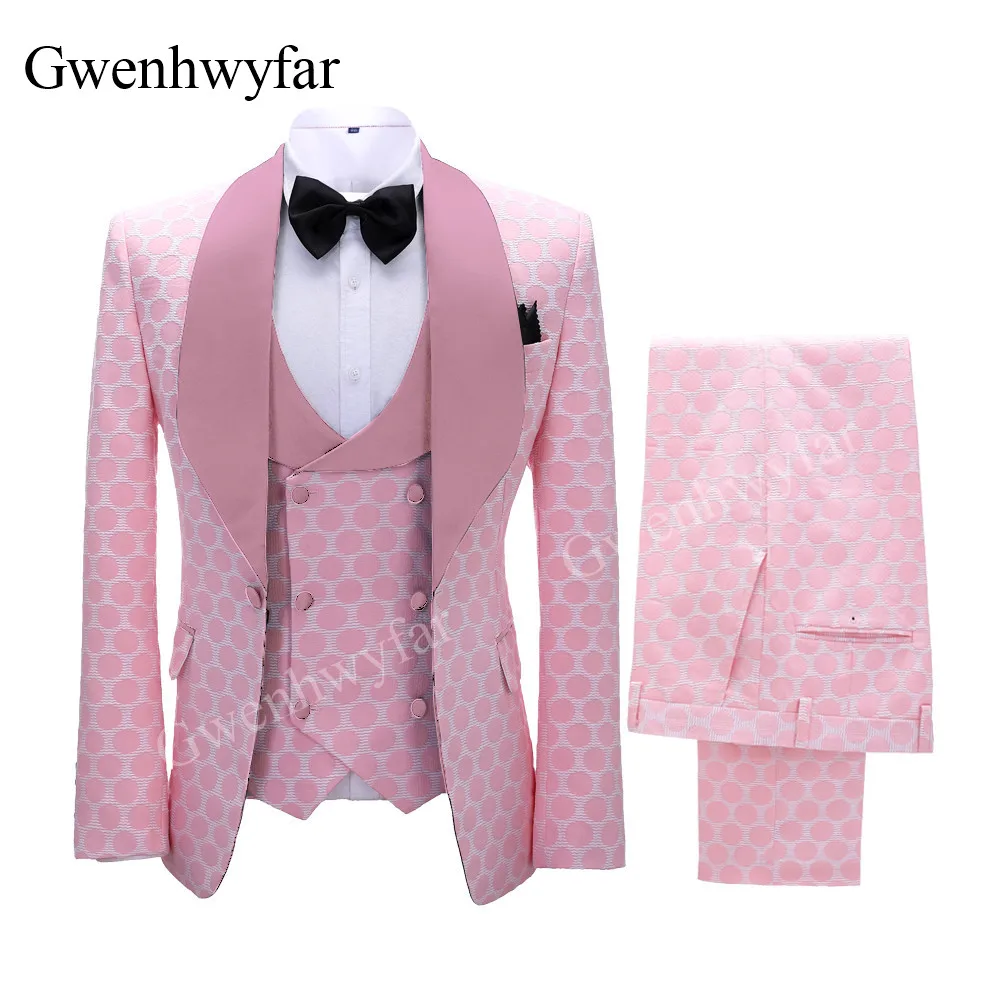 Gwenhwyfar New Polka Dot Suit for Men Made Shawl Lapel Blazer Vest with Pants Fashion Wedding Tuxedos Groomsmen Wear mens suit
