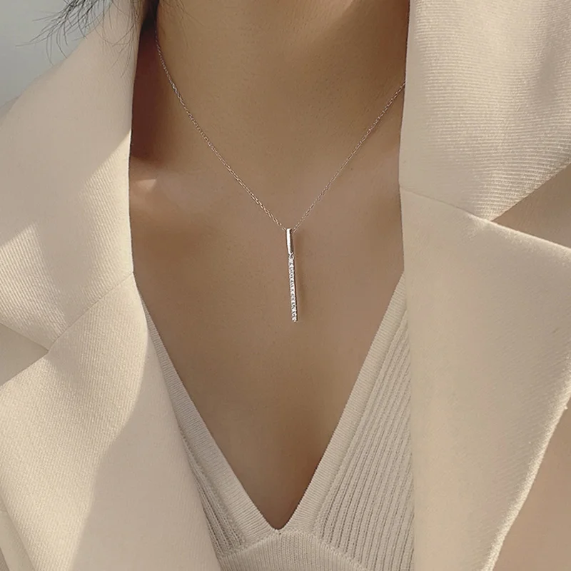 Hot Selling 925 Sterling Silver Necklace Simple Long Strip Cubic Zircon Choker Shiny Exquisite Women's Clavicle Chain SNK052 - Image 3