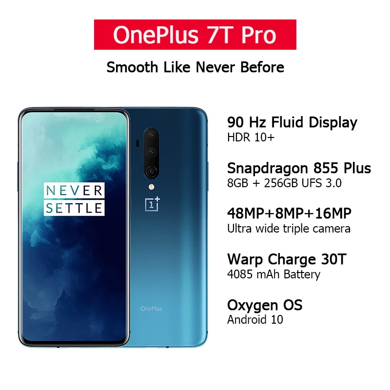 Смартфон OnePlus 7T Pro с глобальной прошивкой, 8 ГБ, 256 ГБ, Snapdragon 855 Plus, 6,67 ''жидкий AMOLED экран 90 Гц, камера 48 МП, 4085mA UFS 3,0