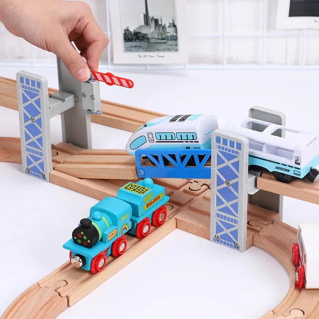 Wooden Train Tracks Parts Railway Toys Wooden Double Deck Bridge Racing Tracks Accessories Educational Toys for Children Gift 3