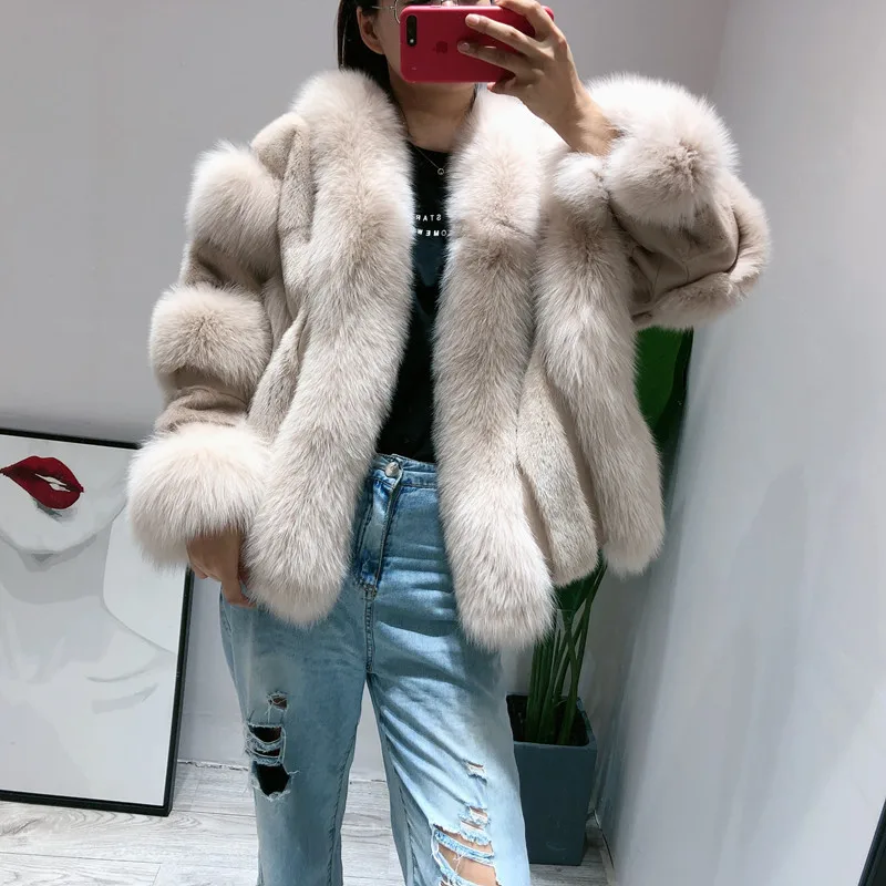 

Natural Mink Fur Splicing Fox Fur Winter Woman Coats 2019 Genuine Fur Coats Real Mink Fur Coat Plus Size Warm