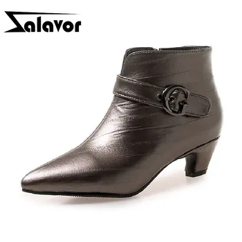 

ZALAVOR Plus Size 32-46 Warm Ankle Boots Leather Print Solid Color Shoes Women Casual Fashion Thick Heel Buckle Mujer Footwear